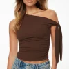 Tees & Tanks | Online Exclusives-Dynamite Jersey Single Shoulder Tie Top Brown