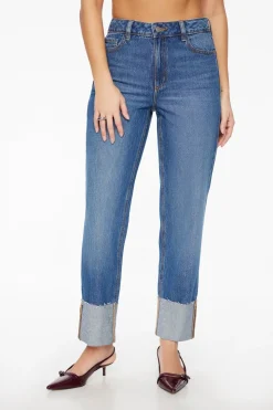 Jeans & Denim-Dynamite Justina Straight Leg Cuffed Jeans Blue