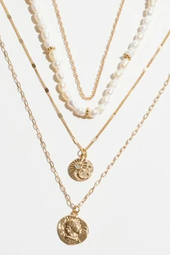 Necklaces-Dynamite Layered Pearl & Worn Medallion Necklace White