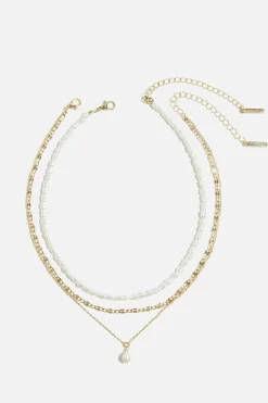 Necklaces-Dynamite Layered Pearl and Chain Necklace White