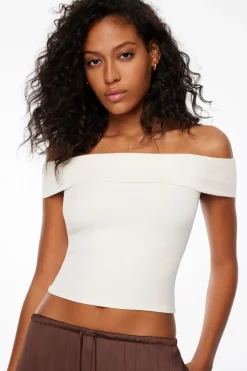 Tees & Tanks | Tees & Tanks-Dynamite Layla Off Shoulder Ribbed Top White
