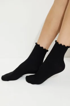 Socks & Tights-Dynamite Lettuce Edge Crew Socks Black