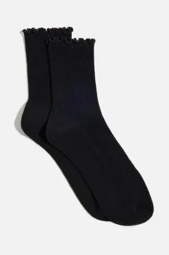 Socks & Tights-Dynamite Lettuce Edge Crew Socks Black