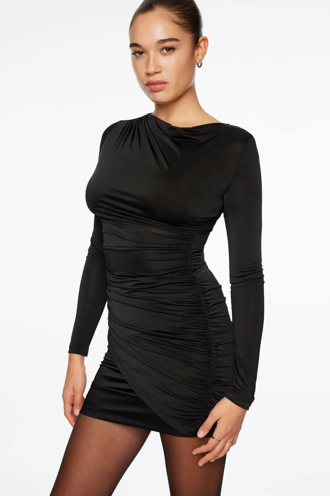 Dresses & Jumpsuits | Mini Dresses-Dynamite Long Sleeve Draped Mini Dress Black