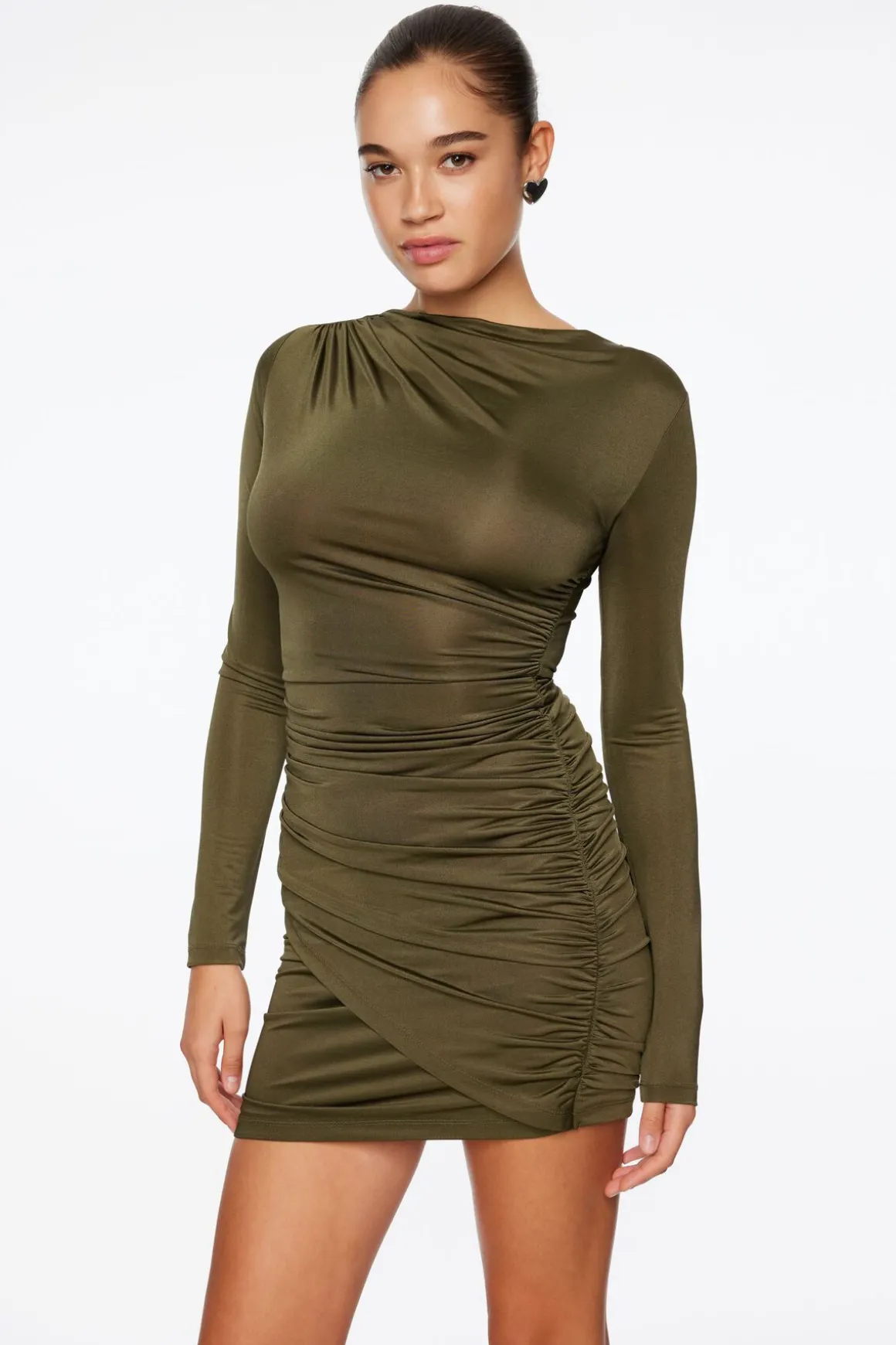 Dresses & Jumpsuits | Mini Dresses-Dynamite Long Sleeve Draped Mini Dress Green