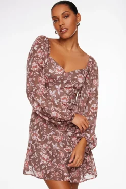 Dresses & Jumpsuits | Mini Dresses-Dynamite Long Sleeve Flare Mini Dress Brown