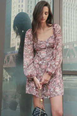 Dresses & Jumpsuits | Mini Dresses-Dynamite Long Sleeve Flare Mini Dress Brown