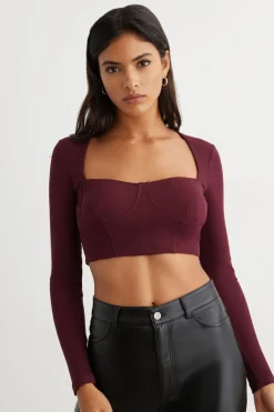 Tees & Tanks-Dynamite Long Sleeve Ribbed Corset Top Burgundy