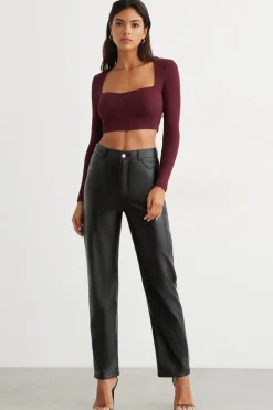 Tees & Tanks-Dynamite Long Sleeve Ribbed Corset Top Burgundy