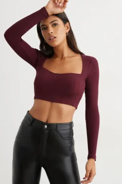 Tees & Tanks-Dynamite Long Sleeve Ribbed Corset Top Burgundy
