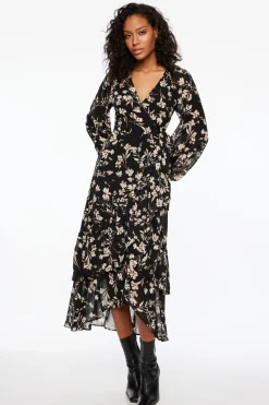 Dresses & Jumpsuits | Midi & Maxi Dresses-Dynamite Long Sleeve Ruffled Wrap Dress Black