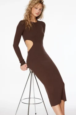 Dresses & Jumpsuits | Midi & Maxi Dresses-Dynamite Long Sleeve Side Cutout Maxi Dress Brown