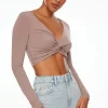 Tees & Tanks | Tees & Tanks-Dynamite Long Sleeve Twist Front Crop Top Gray