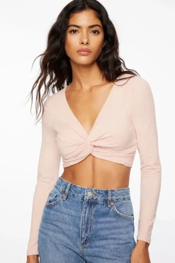 Tees & Tanks | Tees & Tanks-Dynamite Long Sleeve Twist Front Crop Top Pink