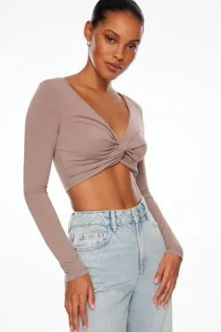 Tees & Tanks | Tees & Tanks-Dynamite Long Sleeve Twist Front Crop Top Gray