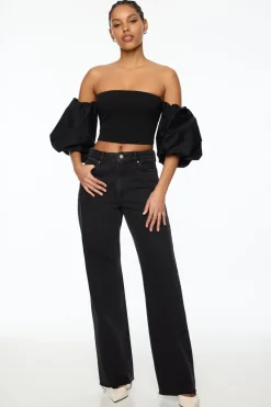 Short Sleeve Tops-Dynamite Madison Off Shoulder Poplin Sleeve Top Black