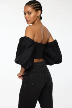 Short Sleeve Tops-Dynamite Madison Off Shoulder Poplin Sleeve Top Black