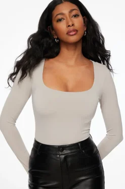 Tees & Tanks | Bodysuits-Dynamite Maren Sculpt Square Neck Bodysuit Gray