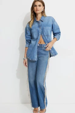 Jeans & Denim-Dynamite Mika Rhinestone Fringe Relaxed Straight Jeans Blue