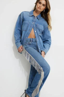 Jeans & Denim-Dynamite Mika Rhinestone Fringe Relaxed Straight Jeans Blue