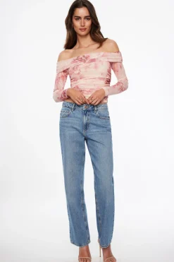 Tees & Tanks | Tees & Tanks-Dynamite Off Shoulder Floral Mesh Top Pink