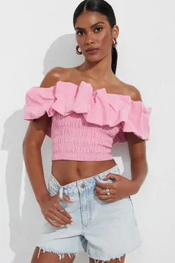 Blouses & Tops | Blouses & Tops-Dynamite Off Shoulder Gathered Linen Top PINK
