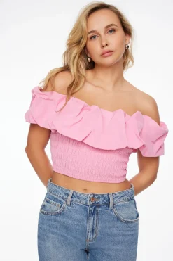 Blouses & Tops | Blouses & Tops-Dynamite Off Shoulder Gathered Linen Top PINK