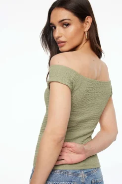 Tees & Tanks | Sleeveless Tops-Dynamite Off Shoulder Popcorn Textured Top Green