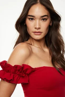 Tees & Tanks | Online Exclusives-Dynamite Off Shoulder Ruffled Top Red
