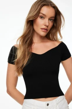 Sweaters & Cardigans | Sweaters-Dynamite Off Shoulder Short Sleeve Sweater Black