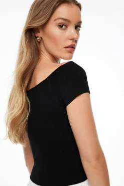 Sweaters & Cardigans | Sweaters-Dynamite Off Shoulder Short Sleeve Sweater Black