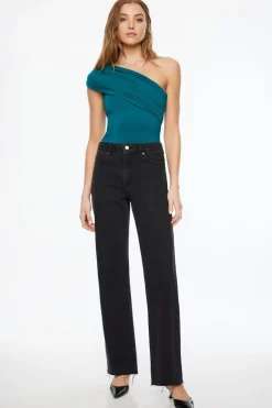 Bodysuits-Dynamite One Shoulder Draped Bodysuit Green