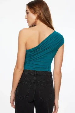 Bodysuits-Dynamite One Shoulder Draped Bodysuit Green