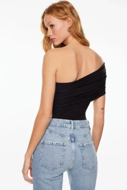 Bodysuits-Dynamite One Shoulder Draped Bodysuit Black