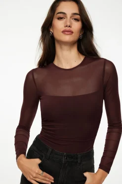Tees & Tanks | Online Exclusives-Dynamite Open Back Mesh Bodysuit Burgundy