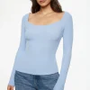 Tees & Tanks | Long Sleeve Tops-Dynamite Ophelia Ribbed Long Sleeve T Shirt Blue