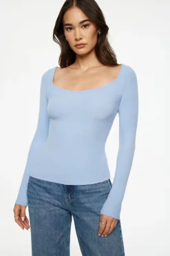 Tees & Tanks | Long Sleeve Tops-Dynamite Ophelia Ribbed Long Sleeve T Shirt Blue