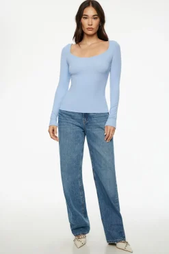 Tees & Tanks | Long Sleeve Tops-Dynamite Ophelia Ribbed Long Sleeve T Shirt Blue