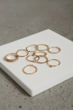 Rings-Dynamite 10-Pack Delicate Gem & Pearl Rings Yellow