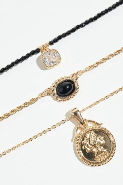 Necklaces-Dynamite 3-Pack Medallion & Glass Bead Necklaces Black