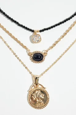 Necklaces-Dynamite 3-Pack Medallion & Glass Bead Necklaces Black