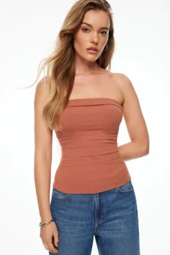 Tees & Tanks | Tees & Tanks-Dynamite Pleated Ribbed Tube Top Brown