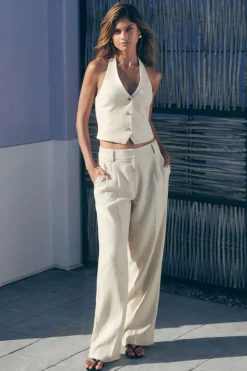 Pants | Straight Leg Pants-Dynamite Pleated Straight Linen Pants Brown