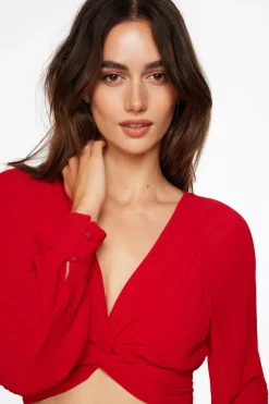 Blouses & Tops | Blouses & Tops-Dynamite Pleated Twisted Crop Blouse Red