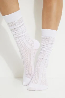 Socks & Tights-Dynamite Pointelle Calf High Socks White