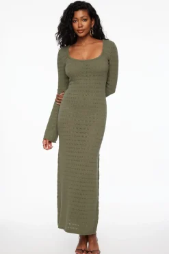 Dresses & Jumpsuits | Midi & Maxi Dresses-Dynamite Pointelle Long Sleeve Maxi Dress Green
