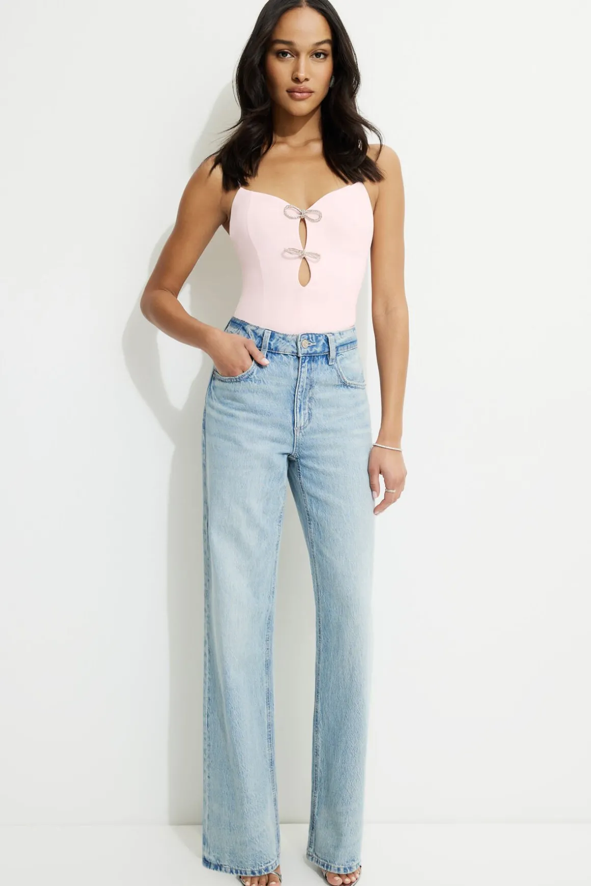 Tees & Tanks | Tees & Tanks-Dynamite Rhinestone Bow Bodysuit Pink