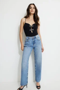Tees & Tanks | Bodysuits-Dynamite Rhinestone Bow Bodysuit Black