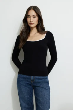 Tees & Tanks | Tees & Tanks-Dynamite Ribbed Contrast Long Sleeve T-Shirt Black