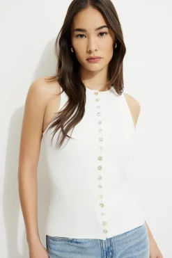 Sweaters & Cardigans | Sweaters-Dynamite Ribbed Pearl Button Vest White